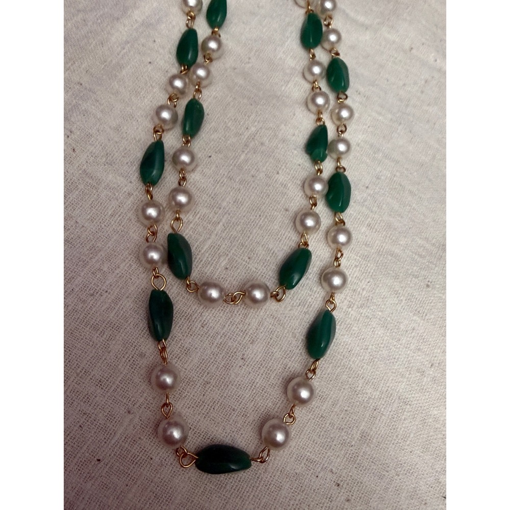 Retro Green Bead Cream Faux Glass Pearl Gold Tone Long Station Layering Necklace